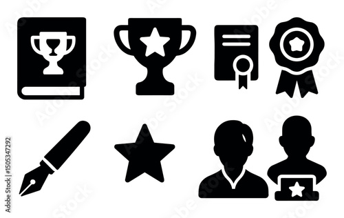 Awards and achievement icons: trophy, certificate, star, badge