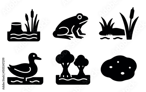 Set of nature icons: frog, duck, trees, rock, pond elements