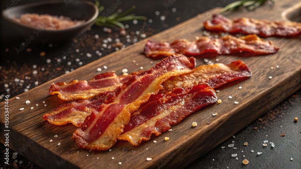 Delicious, crispy bacon strips on a rustic wooden board with salt and rosemary. Delicious, crispy bacon strips on a rustic wooden board with salt and rosemary.