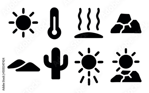 Desert icons depicting sun, heat, cactus, cracked earth, sand