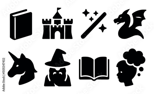 Fantasy icons collection: castle, wizard, dragon, unicorn, book