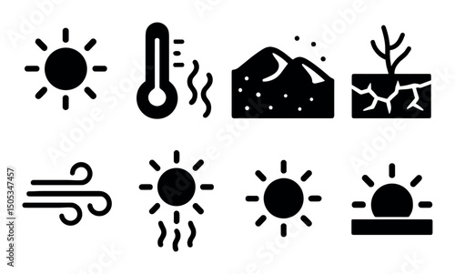 Weather and climate icons: sun, temperature, wind, drought, sand