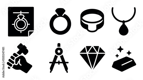 Jewelry and tools icons: ring, necklace, hammer, diamond, gold bar