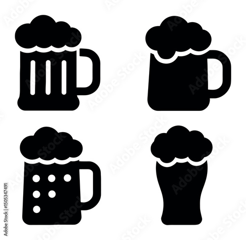 Four black beer mug icons with frothy tops on white background