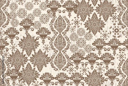 Ethnic abstract ikat patterns of intricate floral and paisley designs in a brown on beige background.Antique Damask tribal embroidery with Aztec motifs.Ideal for rugs, wallpapers, throws, and fabrics 