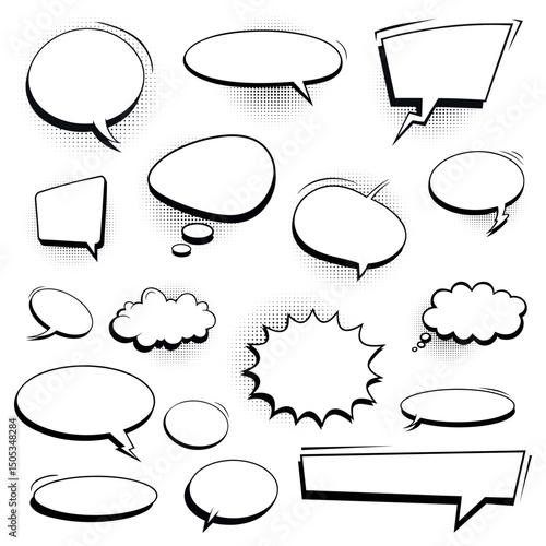 Set of retro empty comic bubbles and elements with black halftone shadows