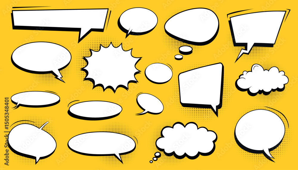Set of retro empty comic bubbles and elements with black halftone shadows Set of retro empty comic bubbles and elements with black halftone shadows
