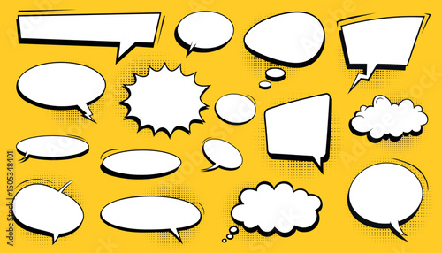 Set of retro empty comic bubbles and elements with black halftone shadows