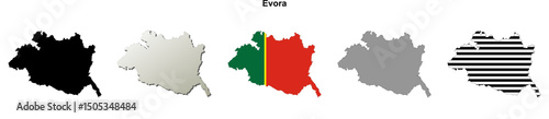 Evora district blank outline map set photo