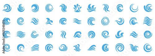 Set of blue waves and splashes of water, wavy nature symbols in motion vector illustrations.