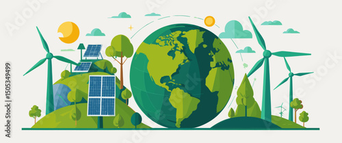 Sustainable Energy Concept with Wind Turbines and Solar Panels Surrounding Earth in Eco-Friendly Illustration