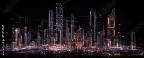 Futuristic Night Cityscape with Unique Architectural Designs and Illuminated Buildings in Grid Pattern on Black Background