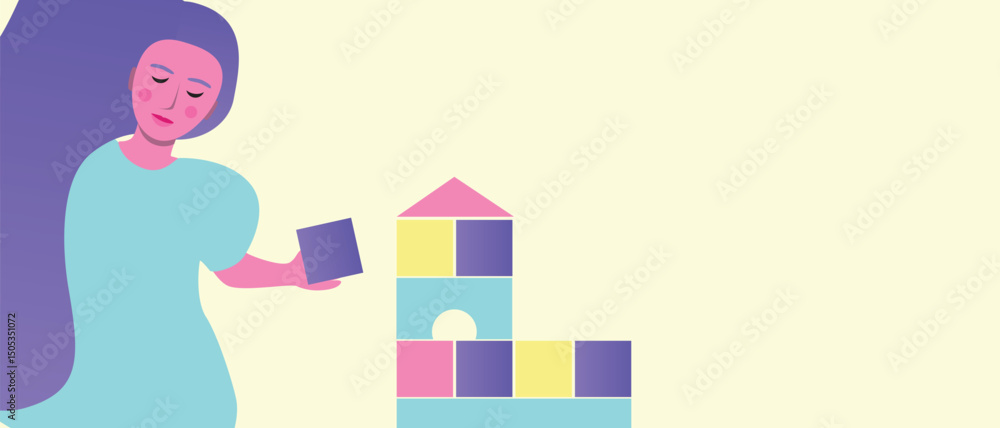 children playing with cubes and building a tower, flat vector stock illustration with baby girl as copy space template children playing with cubes and building a tower, flat vector stock illustration with baby girl as copy space template