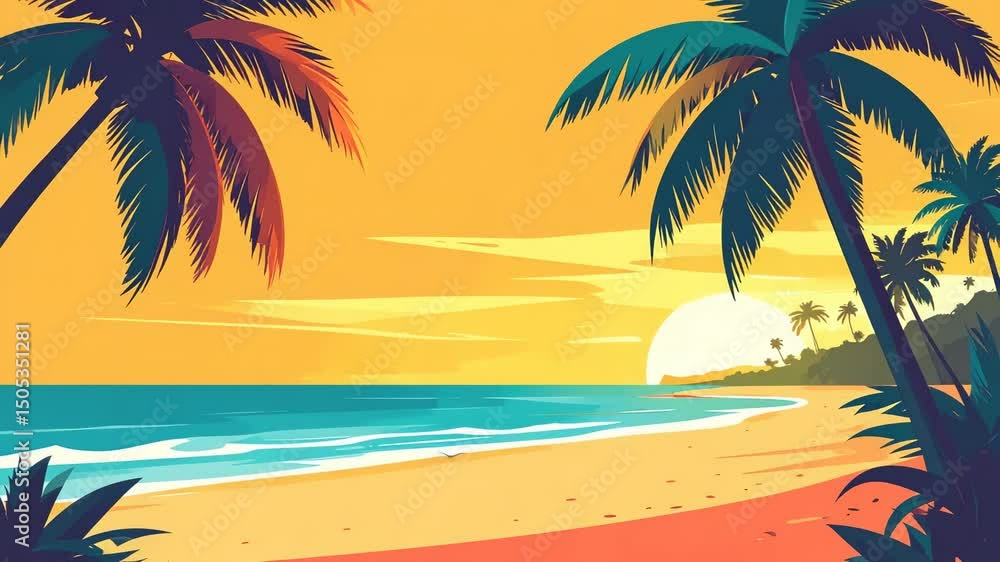 Sunset beach scene with palms Sunset beach scene with palms