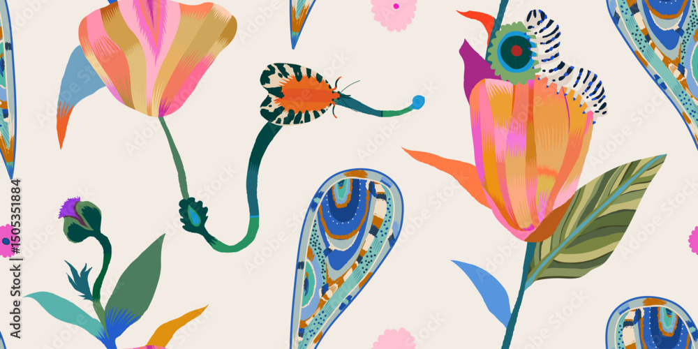 Abstract flower garden with paisley and bugs pattern. Dynamic cute hand drawn botanical print. Fashionable template for design. Abstract flower garden with paisley and bugs pattern. Dynamic cute hand drawn botanical print. Fashionable template for design.