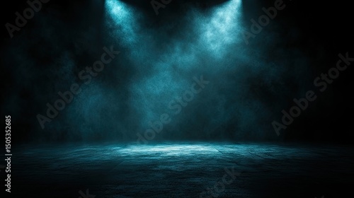Empty, dark space with teal spotlights.