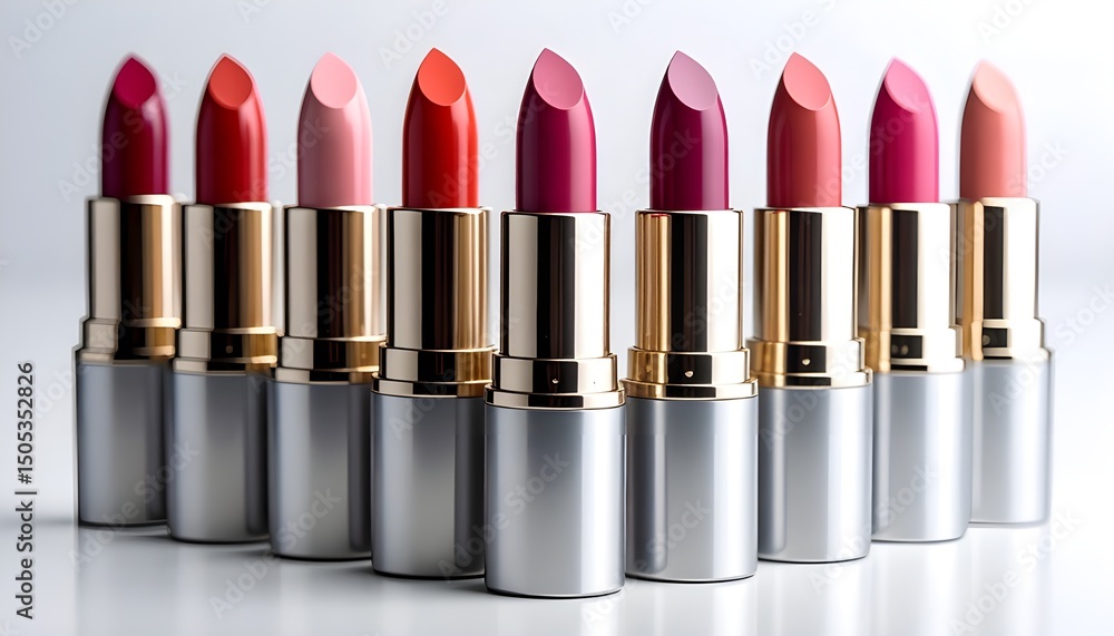 Obraz premium Row of Colorful Lipsticks in Metallic Cases on White Background.