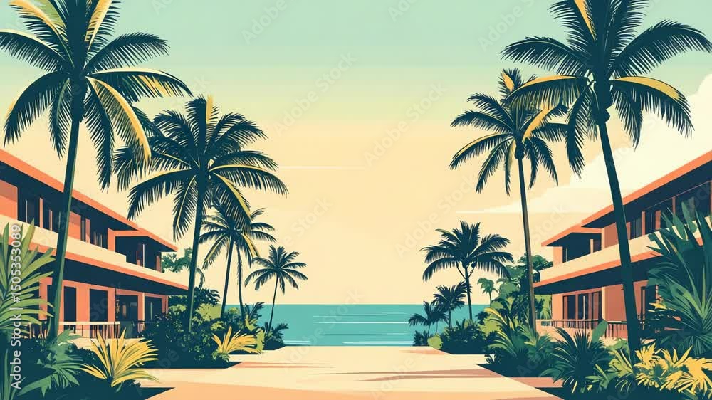 Palm tree path to ocean between buildings Palm tree path to ocean between buildings