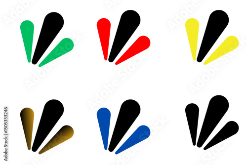 Six vector graphic designs show a consistent brand with varying color schemes. Likely a logo, it features three rounded shapes radiating from the bottom left.

