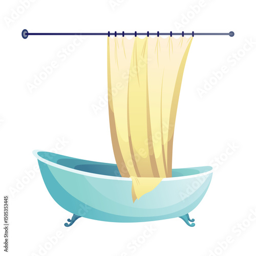 Cartoon bathroom. Vintage blue bathtub and yellow curtain. Bath time in flat style vector illustration. Mockup for web design, isolated on white background
