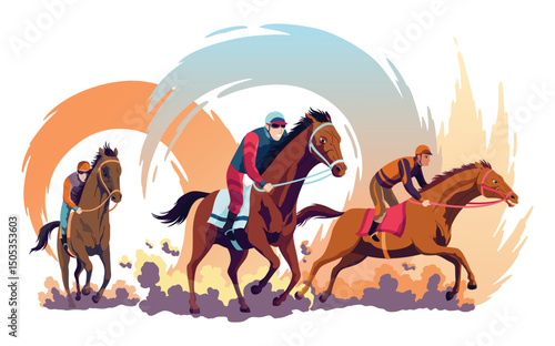 Jockeys riding racehorses on a fast speed, flat style vector illustration. Horse racing tournament