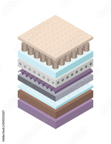 Layered orthopedic mattress icon. Isometric bed section layers. Fabric breathable material, structure for correct sleeping position. Soft filler, comfort synthetic fiber