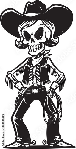 A bold black and white illustration of a skeleton wearing a cowboy hat and vest, holding a lasso, perfect for adding a rugged, Western, or spooky flair to designs