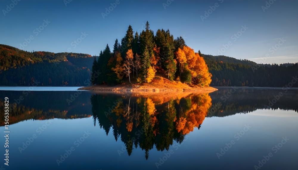 Obraz premium Small Orange Sand Island Reflecting in Dark Blue Water.