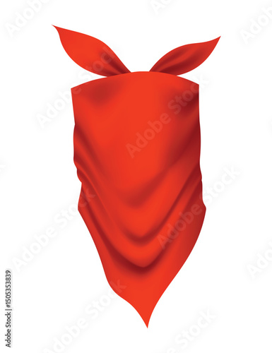 Red realistic bandana on neck. Youth fashion neck scarf or cowboy garment element template. Biker face scarf, bandanna neck shawl. Blank handkerchief unisex uniform. Western clothes