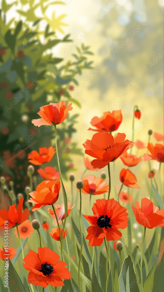 Fototapeta premium Red poppies growing in the field in summer