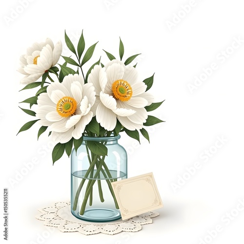 Wallpaper Mural Summer Serenity: Fragrant White Peonies in Glass Vase with Lace Card Torontodigital.ca