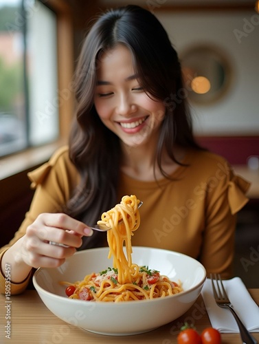asian cute woman happy with her food  lunch spagetti in restaurant
