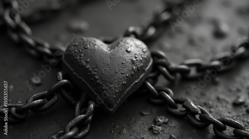 Realistic rusted iron heart bound in chains photographed in black and white with dramatic lighting and textures