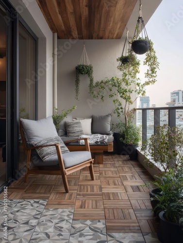 Modern balcony furnished with wooden flooring and potted plants.