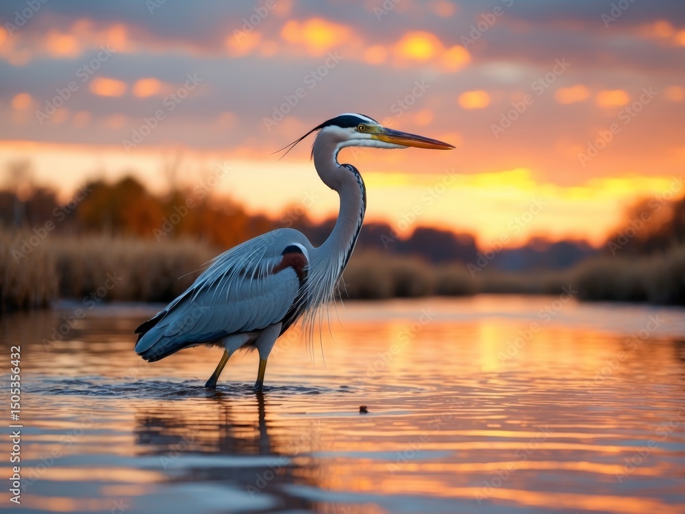 Naklejka premium Majestic Great Blue Heron in Calm Water during Stunning Sunrise or Sunset.
