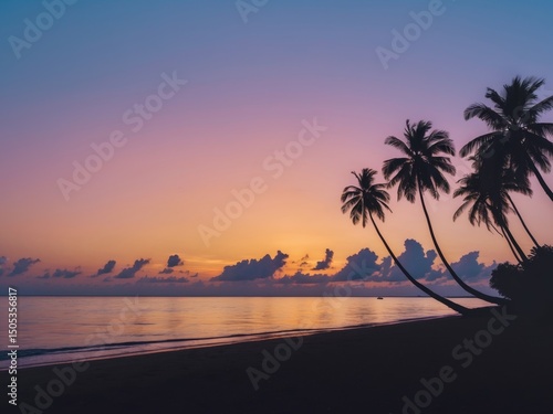 Tropical Sunset Serenity. Palm Trees Silhouette on a Beach at Dusk, Calm Waters