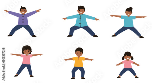 Diverse Group of Smiling Children and Adults Practicing Tai Chi Poses