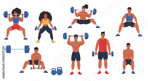 Diverse group of people lifting weights and exercising in various poses