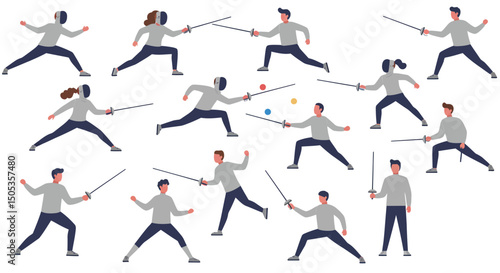 Dynamic Fencing Athletes in Action with Swords and Protective Gear