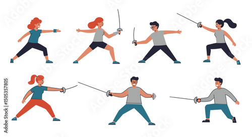Six Fencing Athletes in Action Poses