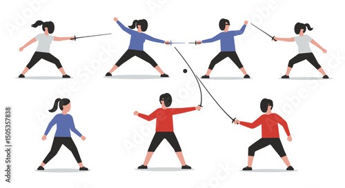 Stylized Fencing Athletes in Action Engaging in Competitive Sport