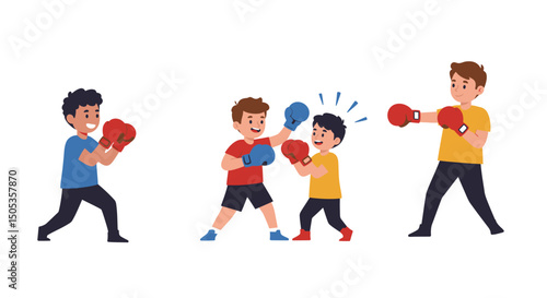 Three Young Boys Engaging in a Friendly Boxing Match