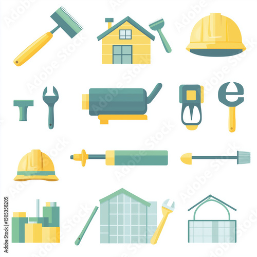 Set of colorful construction tools, safety helmets, house model and building elements in flat style