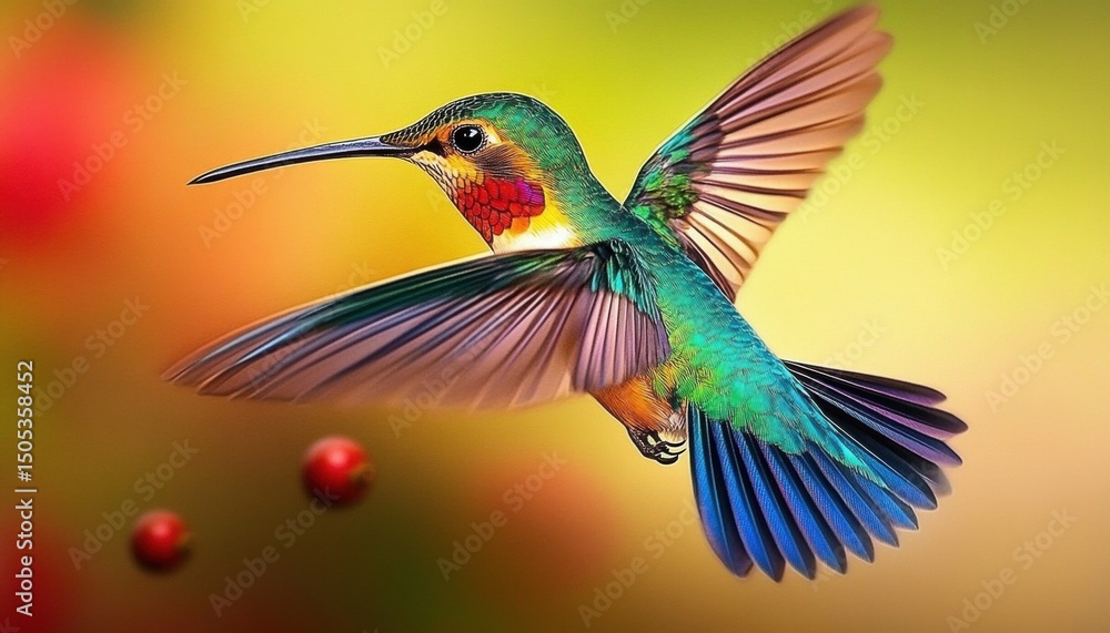 Fototapeta premium Close-up of stunning hummingbird in mid-flight, showcasing vibrant colors against blurred garden background. Serene nature capture
