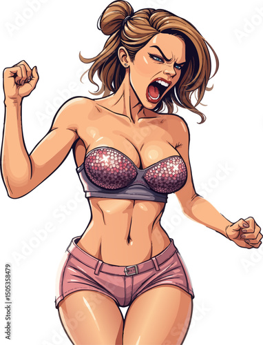 a woman in a bikini and panties with her hands in the air
