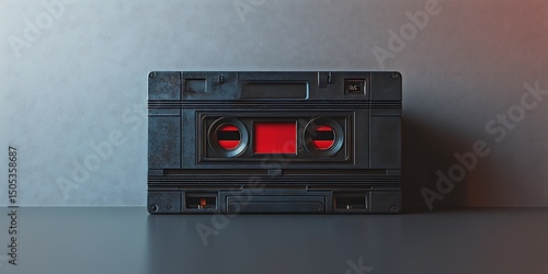 Cassette tape mockup with red label on smooth surface and gray background


