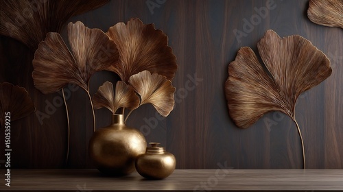 Decorative ginkgo leaves and metallic vases on a wooden surface.
