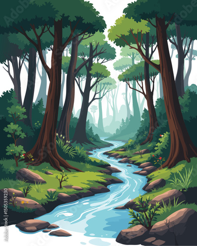 a river in the forest with trees and rocks on a white background
