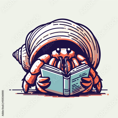 Hermit Crab's Literary Pursuit: An illustrated depiction of a whimsical hermit crab engrossed in a book, offering a delightful blend of nature and imagination. 