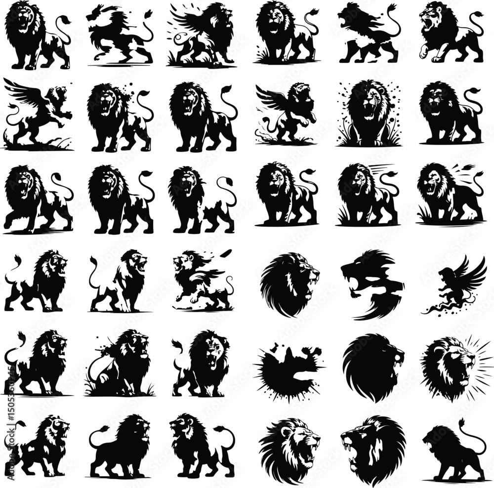 Lion Roar Silhouette Set – Powerful King of Jungle Vectors Roaring Lion Icon Pack – Bold Wildlife Silhouette Collection Lion Roar Silhouette Set – Powerful King of Jungle Vectors Roaring Lion Icon Pack – Bold Wildlife Silhouette Collection